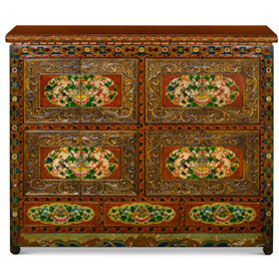 Hand Painted Umber Peony Motif Grand Tibetan Cabinet