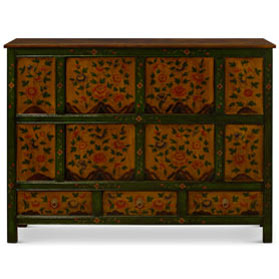 Green and Yellow Hand Painted Tibetan Motif Elmwood Cabinet