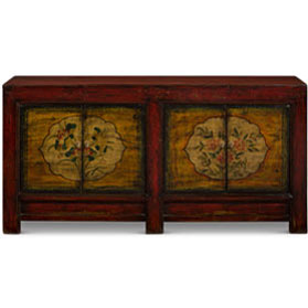 Hand Painted Flower Motif Distressed Red and Yellow Orche Mongolian Elmwood Sideboard