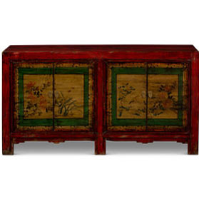 Hand Painted Bird and Flower Motif Distressed Mongolian Elmwood Sideboard