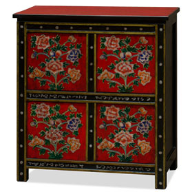 Hand Painted Elmwood Red and Black Floral Motif Tibetan Chest