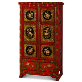 Elmwood Qing Dynasty Oriental Armoire with Peony Flowers