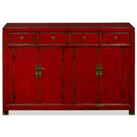 Distressed Red Elmwood Chinese Ming Sideboard