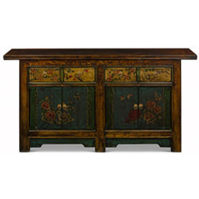 Bird and Flower Motif Elmwood Distressed Altar Style Tibetan Sideboard