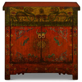 Hand Painted Elmwood Tibetan Dragon and Longevity Motif Cabinet