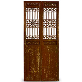 Vintage Gold Gilded Vermillion Red Chinese Door Panel Set