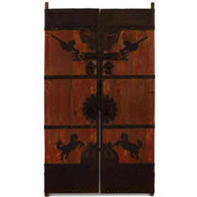 Antique Rustic Red Chinese Temple Elmwood Doors with Iron Hardware