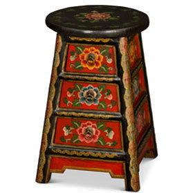 Distressed Red and Black Tibetan Stool with Drawers