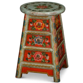 Distressed Light Teal and Red Tibetan Stool with Drawers