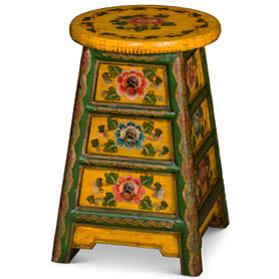 Distressed Yellow and Green Tibetan Stool with Drawers