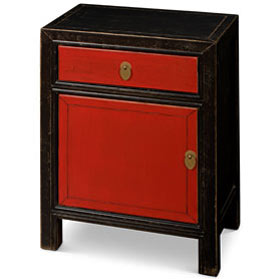 Distressed Black and Red Elmwood Petite Peking Asian Cabinet