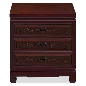 Dark Cherry Elmwood Flower and Birds Oriental Nightstand with 3 Drawers