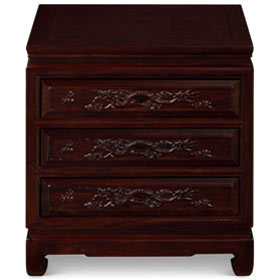Dark Cherry Elmwood Dragon Motif Oriental Nightstand with 3 Drawers