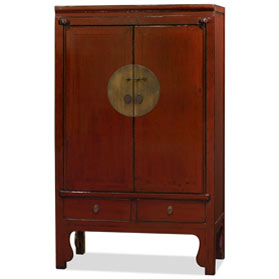 Distressed Rustic Red Elmwood Chinese Ming Wedding Armoire