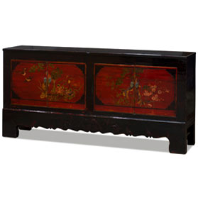 Hand Painted Distressed Vintage Red Bird and Flower Elmwood Chinese Gan Su Cabinet