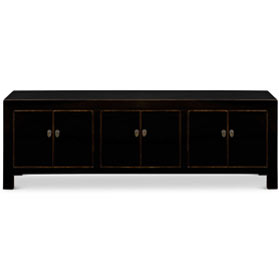 Distressed Black Elmwood Low Kang Style Chinese Media Cabinet with 6 Doors