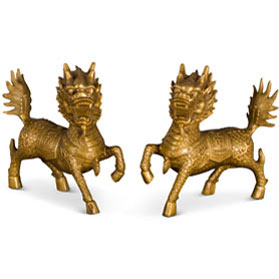 Antique Brass Gold Finish Bronze Kirin Oriental Statue Set