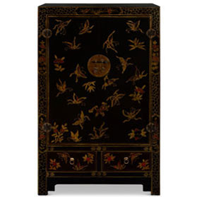 Vintage Distressed Black Oriental Elmwood Cabinet with Butterfly Motif