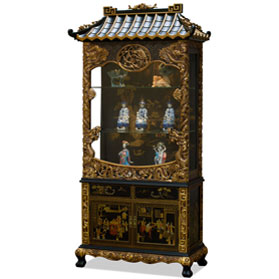 Hand Carved Elmwood Dragon Motif Chinoiserie Scenery Asian Curio Cabinet