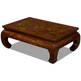 Vintage Red Chinoiserie Elmwood Oriental Coffee Table with Two Drawers