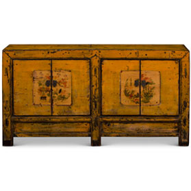 Hand Painted Flower Motif Distressed Yellow Mongolian Elmwood Sideboard