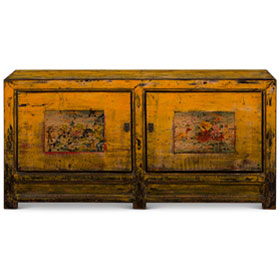 Hand Painted Flower Motif Distressed Yellow Mongolian Elmwood Sideboard