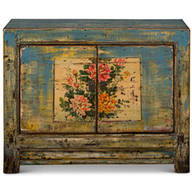 Distressed Turquoise Peony Elmwood Cabinet