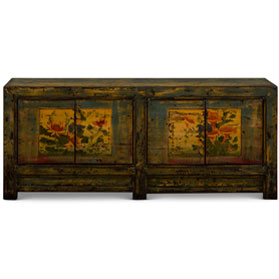 Hand Painted Flower Motif Distressed Blue Mongolian Elmwood Sideboard