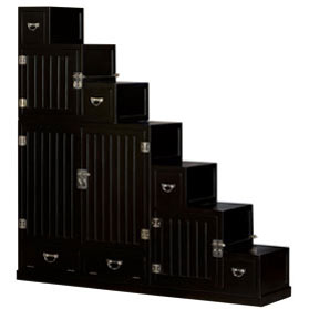 Black Finish Elmwood Grand Japanese Step Tansu Chest with White Brass Hardware