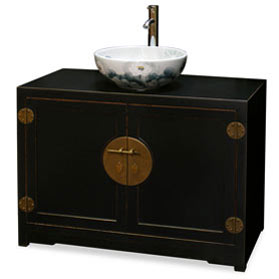 Distressed Black Elmwood Chinese Ming Vanity Cabinet