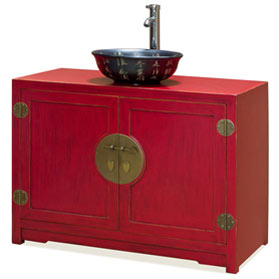 Distressed Red Elmwood Chinese Ming Vanity Cabinet