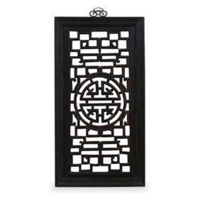 Distressed Black Elmwood Longevity Lattice Asian Wall Plaque