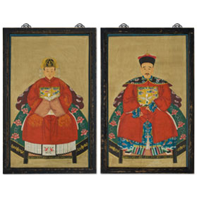 Vintage Red Robe Chinese Ancestor Family Portrait Painting Set