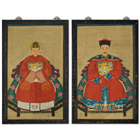 Vintage Red Robe Chinese Ancestor Family Portrait Painting Set