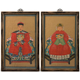 Vintage Red Robe Chinese Ancestor Family Portrait Painting Set