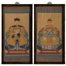 Vintage Yellow Robe Chinese Ancestor Family Portrait Painting Set