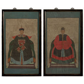 Vintage Purple Robe Chinese Ancestor Family Portrait Painting Set