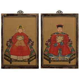 Vintage Red Robe Chinese Ancestor Family Portrait Painting Set