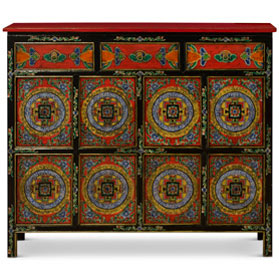 Red and Blue Hand Painted Tibetan Motif Elmwood Cabinet