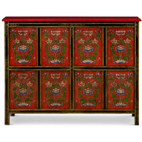 Red Hand Painted Tibetan Flower Motif Elmwood Cabinet