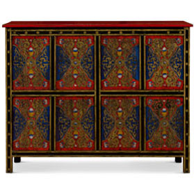 Red Yellow and Blue Hand Painted Tibetan Motif Elmwood Cabinet