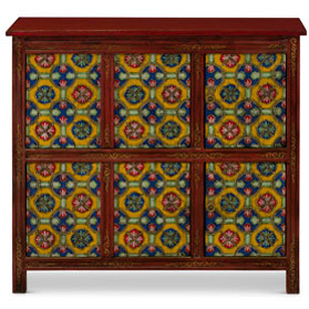 Red and Yellow Hand Painted Tibetan Motif Elmwood Cabinet