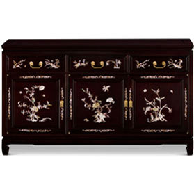 Dark Brown Rosewood Oriental Sideboard with Flower and Bird Mother of Pearl Inlay