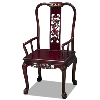 Dark Cherry Rosewood Grape Vine Oriental Arm Chair with Flower Mother of Pearl Inlay
