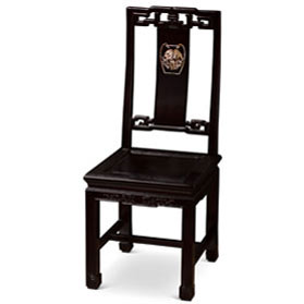 Dark Cherry Rosewood Mother of Pearl Chinese Foo Dog Motif Ning-Bo Side Chair