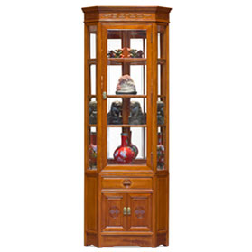 Natural Finish Rosewood Chinese Longevity Corner Display Cabinet