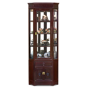 Dark Cherry Rosewood Chinese Longevity Corner Display Cabinet