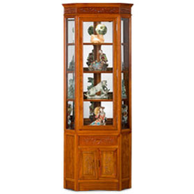 Natural Finish Rosewood Chinese Bird and Flower Corner Display Cabinet