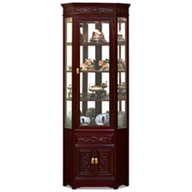 Dark Cherry Rosewood Dragon Oriental Corner Display Cabinet