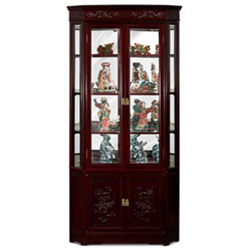 Dark Cherry Rosewood Dragon Motif Oriental Corner Curio Cabinet